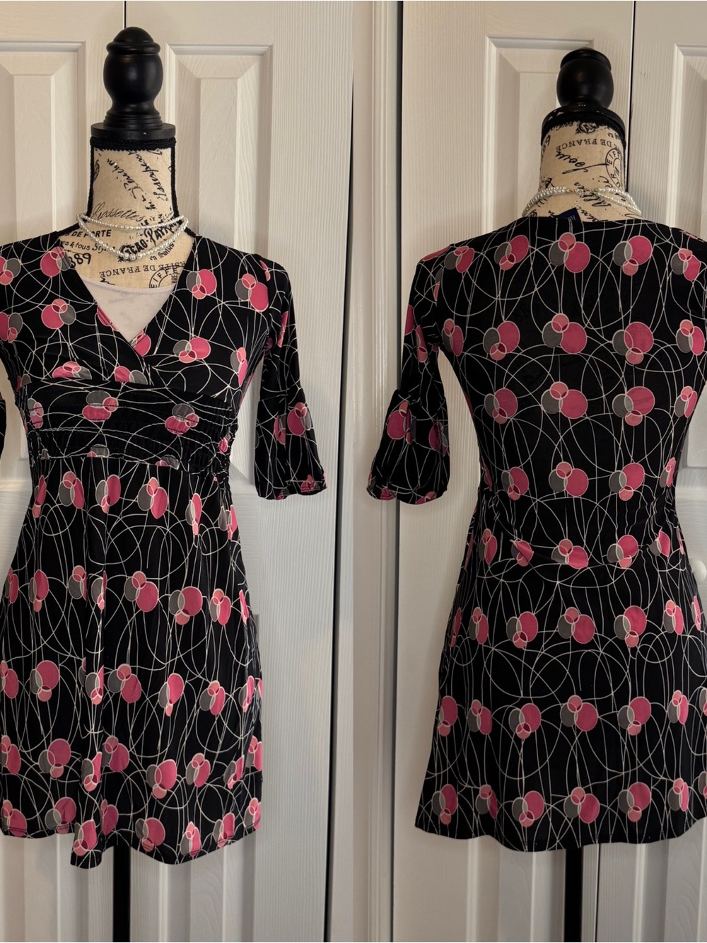 Basic Editions Black Mini Dress with Pink Circular Print